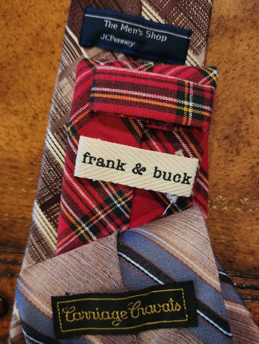 3pc Men’s Tie Lot Frank & Buck Carriage Cravats JCPenney Vintage Plaid Stripe